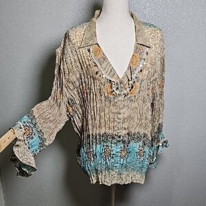Dressbarn Beige and Turquoise  Blouse Crinkle Print Blouse with Bell Sleeves 3x